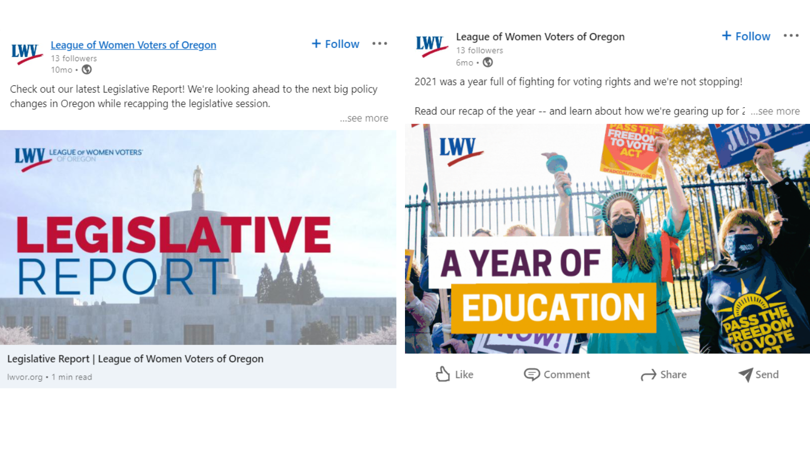 Screenshots of LinkedIn posts from LWV of Oregon